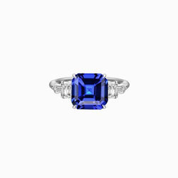 Bague Radiant & Baguette Diamant Asscher Saphir Bleu Naturel 2 Carats