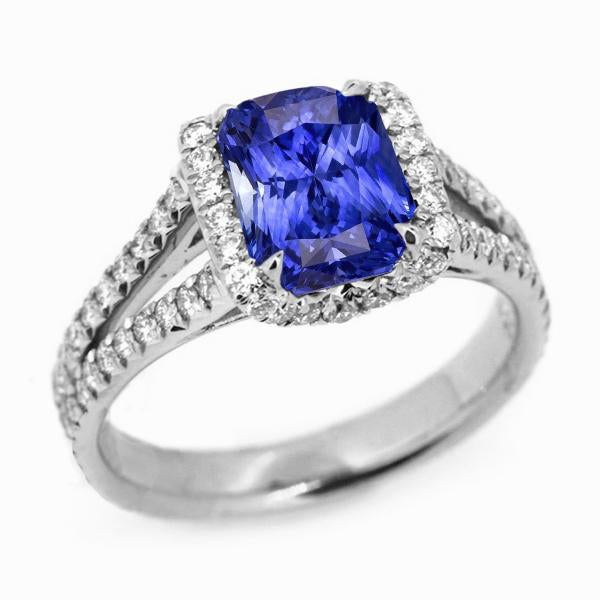 Bague Radiant Halo Ceylan Saphir 4.50 Carats Diamants à tige fendue - HarryChadEnt.FR