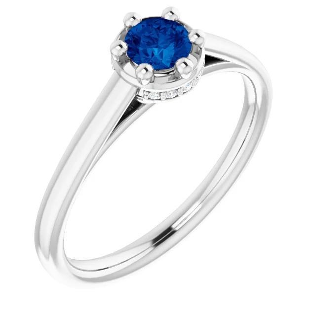 Bague Ronde Saphir Bleu Style Griffe 1.25 Carats Or Blanc 14K - HarryChadEnt.FR