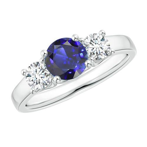 Bague Ronde Trois Pierres Saphir Bleu & Diamant Pierres Précieuses 1.75 Carats - HarryChadEnt.FR