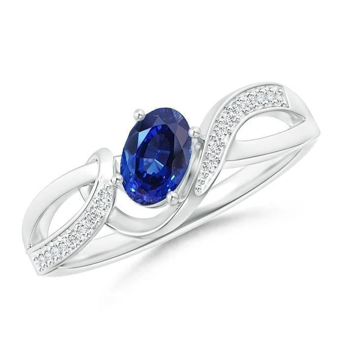 Bague Ruban Saphir Bleu Sri Lanka Or Blanc 2.90 Ct 14K - HarryChadEnt.FR
