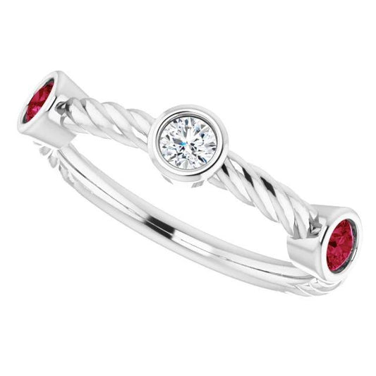 Bague Rubis Diamant 3 Pierres 0.90 Carats Corde Twisted Bijoux Nouveau - HarryChadEnt.FR
