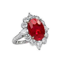 Bague Rubis Ovale 4.50 Ct Avec Diamants Ronds Or Blanc 14K