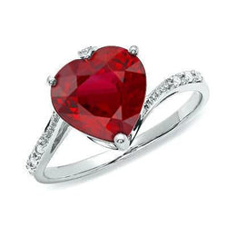 Bague Rubis Rouge Taille Coeur 7.20 Ct Et Diamant Rond Or Blanc 14K