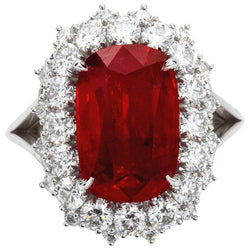 Bague Rubis Rouge Taille Coussin Avec Diamant Or Blanc 14K 7.25 Ct