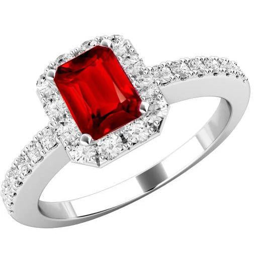 Bague Rubis Taille Émeraude 3.75 Carats Et Diamants Ronds Or Blanc 14K - HarryChadEnt.FR