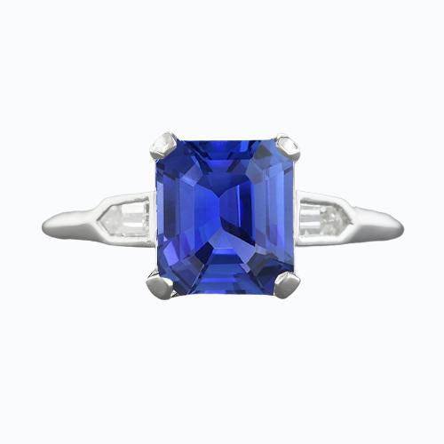 Bague Saphir 3 Pierres Taille Émeraude Diamants Baguette Conique 3 Carats - HarryChadEnt.FR