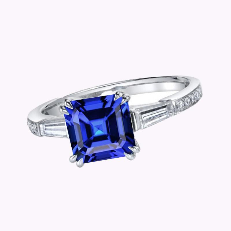 Bague Saphir Asscher Style 3 Pierres Baguette 3 Carats & Diamants Ronds - HarryChadEnt.FR