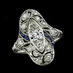 Bague Saphir Baguette Diamant Rond Taille Ancienne Style Ancien 3 Carats