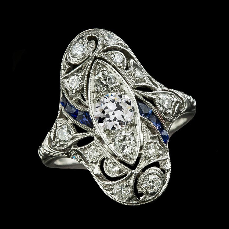 Bague Saphir Baguette Diamant Rond Taille Ancienne Style Ancien 3 Carats - HarryChadEnt.FR