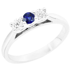 Bague Saphir Bleu 3 Carats Diamant 3 Pierres Tige Conique Or Blanc