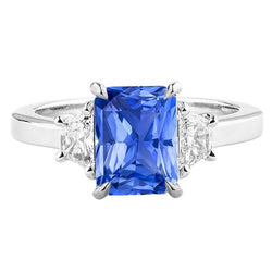 Bague Saphir Bleu 3 Pierres Demi Lune Diamants Sertie De Griffes 3.50 Carats