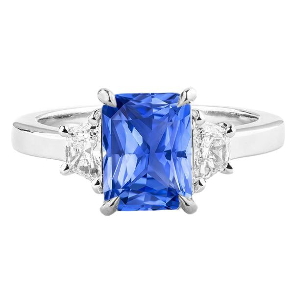 Bague Saphir Bleu 3 Pierres Demi Lune Diamants Sertie De Griffes 3.50 Carats - HarryChadEnt.FR