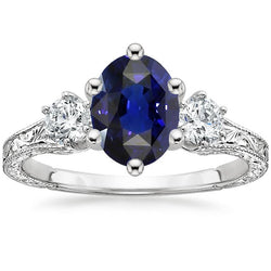 Bague Saphir Bleu 3 Pierres & Diamants 2.50 Carats Style Antique
