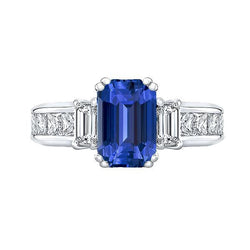 Bague Saphir Bleu 3 Pierres Taille Emeraude & Diamants Princesse 4 Carats