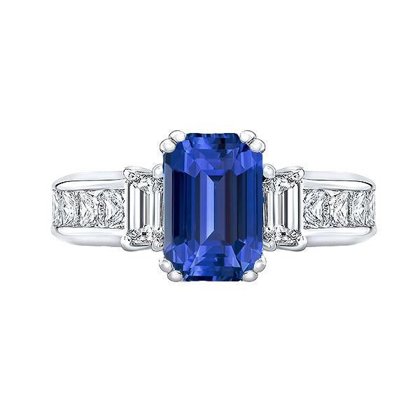 Bague Saphir Bleu 3 Pierres Taille Emeraude & Diamants Princesse 4 Carats - HarryChadEnt.FR