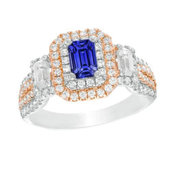 Bague Saphir Bleu Bicolore Double Halo Emeraude & Diamants 4 Carats