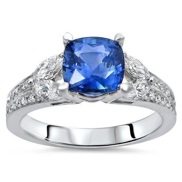 Bague Saphir Bleu Ceylan 5.10 Ct Et Diamants Or Blanc 14K - HarryChadEnt.FR