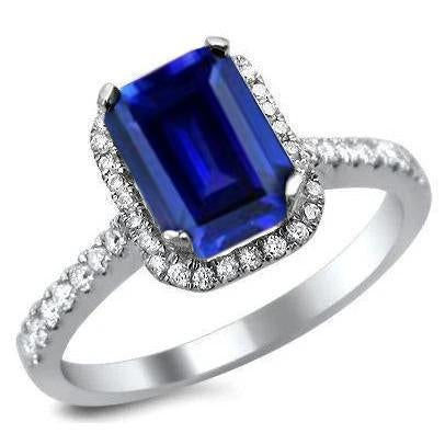 Bague Saphir Bleu Ceylan Avec Diamants 3.50 Ct Or Blanc 14K - HarryChadEnt.FR