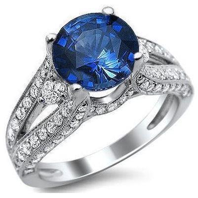 Bague Saphir Bleu Ceylan Avec Diamants Or Blanc 4 Ct 14K - HarryChadEnt.FR
