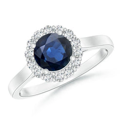 Bague Saphir Bleu Ceylan Diamant Rond 2.45 Carats Or Blanc 14K