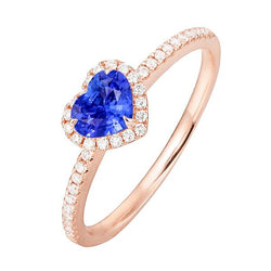 Bague Saphir Bleu Coeur Halo En Or Rose Avec Accents De Diamants 3 Carats