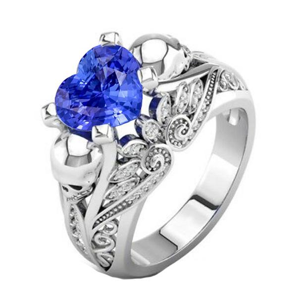 Bague Saphir Bleu Coeur Pierres Précieuses Style Antique Diamants 2 Carats - HarryChadEnt.FR