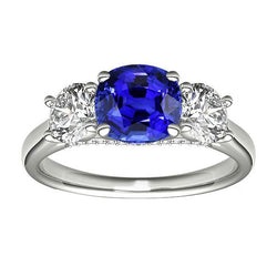 Bague Saphir Bleu Coussin Trois Pierres 2.50 Carats Bijoux Diamant