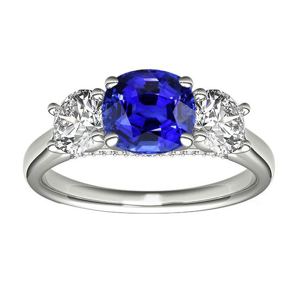 Bague Saphir Bleu Coussin Trois Pierres 2.50 Carats Bijoux Diamant - HarryChadEnt.FR