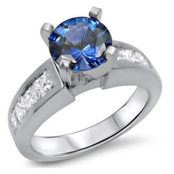 Bague Saphir Bleu De Ceylan 4 Carats Et Diamants Or Blanc 14K