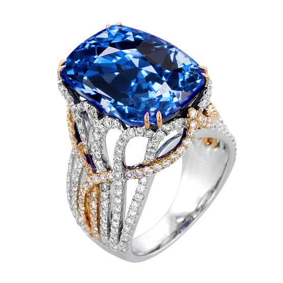 Bague Saphir Bleu De Ceylan Et Diamants 8.51 Ct Deux Tons - HarryChadEnt.FR