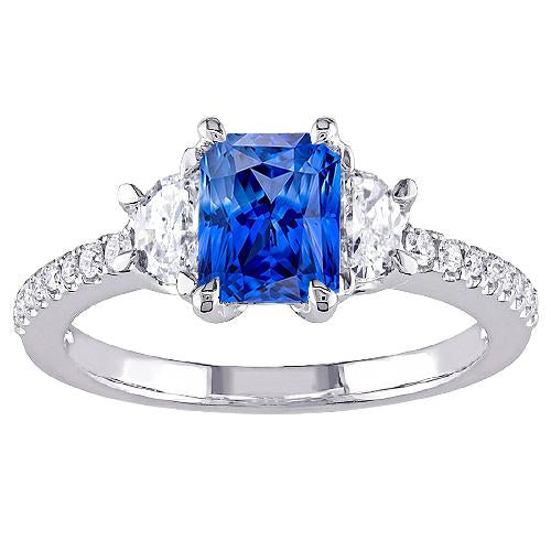 Bague Saphir Bleu Diamant Demi Lune 3 Pierres Avec Accents 3 Carats - HarryChadEnt.FR