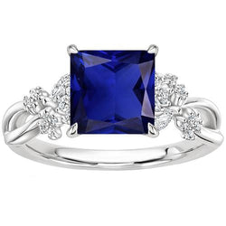Bague Saphir Bleu & Diamant Princesse Ronde & Taille Marquise 4 Carats