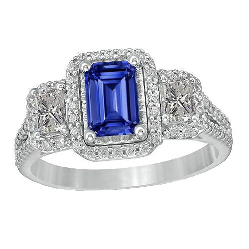 Bague Saphir Bleu Double Halo Radiant & Diamants Ronds 3.50 Carats - HarryChadEnt.FR