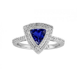 Bague Saphir Bleu Double Halo Trillion 2 Carats Diamants Accentués