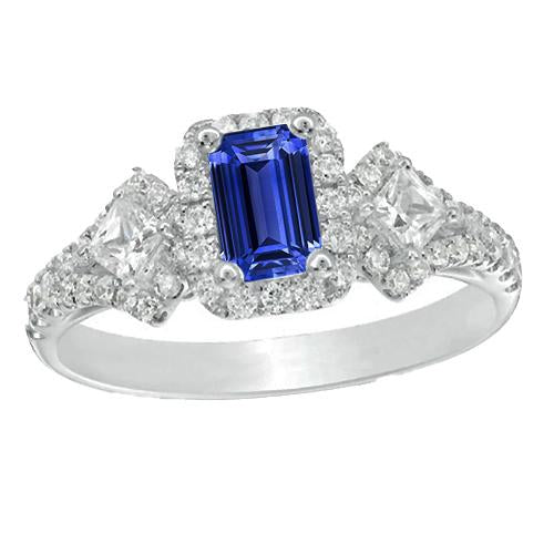 Bague Saphir Bleu Émeraude Halo Style 3 Pierres & Diamants 4 Carats - HarryChadEnt.FR