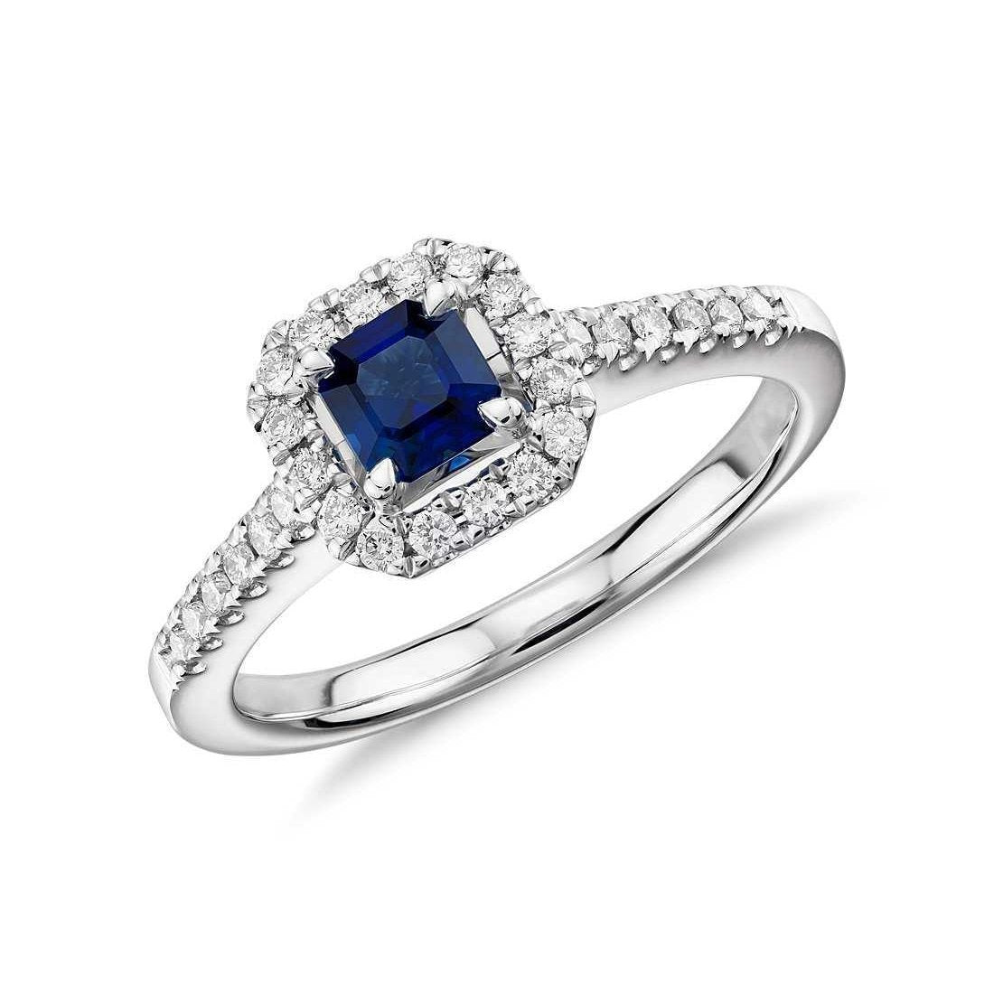 Bague Saphir Bleu Et Diamant Taille Asscher Or Blanc 1.55 Carat - HarryChadEnt.FR