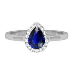 Bague Saphir Bleu Foncé Poire Halo Or Blanc 3 Carats Bijoux