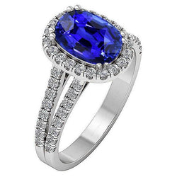Bague Saphir Bleu Halo De Forme Ovale Diamant Tige Fendue 5 Carats