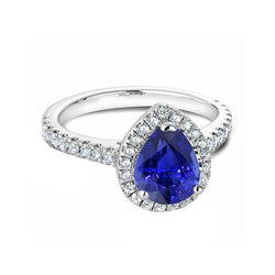 Bague Saphir Bleu & Halo Diamant Taille Poire 3.50 Carats Or Blanc