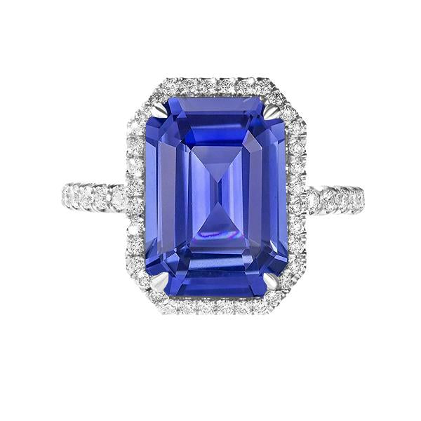 Bague Saphir Bleu Halo Taille Émeraude 5.50 Carats Diamants Bijoux - HarryChadEnt.FR