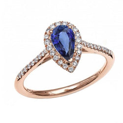 Bague Saphir Bleu Naturel Poire Halo Or Rose 14K 3 Carats Diamants