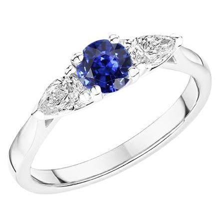 Bague Saphir Bleu Naturel Rond Trois Pierres Diamant Poire 1.50 Carats - HarryChadEnt.FR