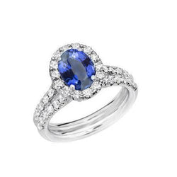 Bague Saphir Bleu Ovale 3 Ct Et Diamants Ronds Or Blanc 14K