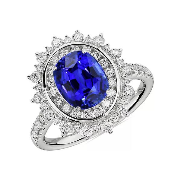 Bague Saphir Bleu Ovale Double Halo Lunette Sertie 4 Carats Style Étoile - HarryChadEnt.FR