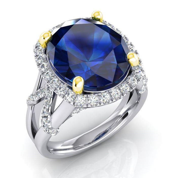 Bague Saphir Bleu Ovale Et Diamants Taille Ronde De Pierres Précieuses 7.81 Carat