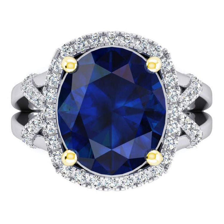 Bague Saphir Bleu Ovale Et Diamants Taille Ronde De Pierres Précieuses 7.81 Carat