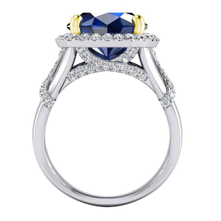 Bague Saphir Bleu Ovale Et Diamants Taille Ronde De Pierres Précieuses 7.81 Carat