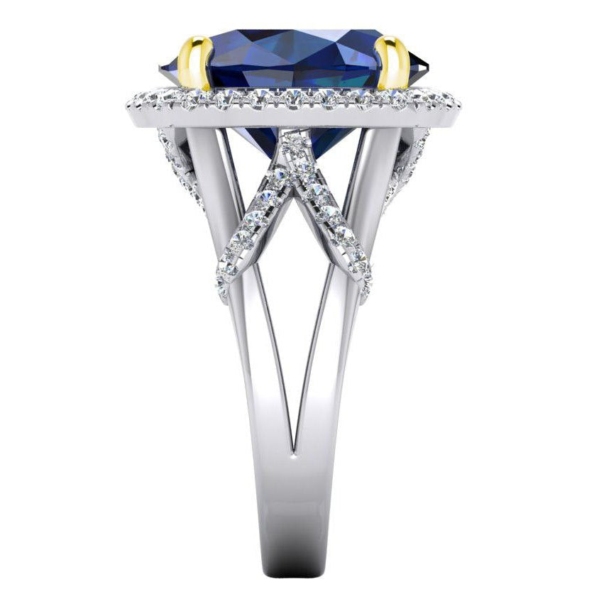 Bague Saphir Bleu Ovale Et Diamants Taille Ronde De Pierres Précieuses 7.81 Carat