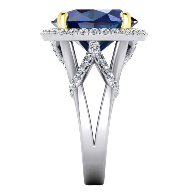 Bague Saphir Bleu Ovale Et Diamants Taille Ronde De Pierres Précieuses 7.81 Carat